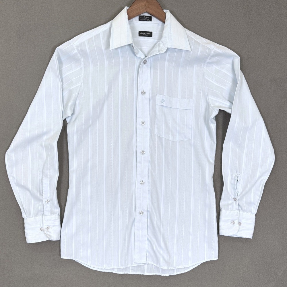 Vintage Pierre Cardin Dress Shirt Men 15.5 Light Blue Tonal Stripe Luxury Work